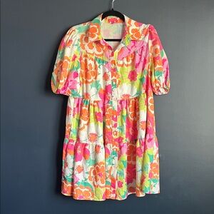 Flying Tomato Tropical Floral Tiered Dress in Pink & Orange